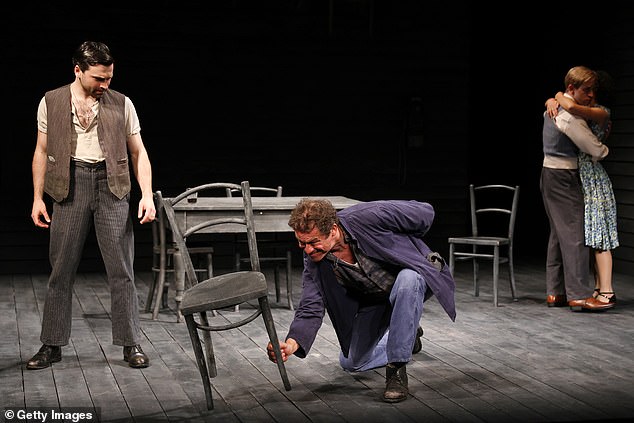 For the theater photocall at the Theater Royal Haymarket, he looked emotional as he took part in a spirited on-stage brawl, which involved a fistfight and using chairs as weapons.