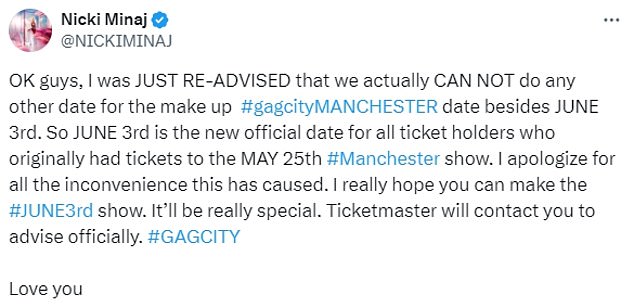 However, Nicki has now reassured fans that the May 25 performance has been moved to Monday June 3