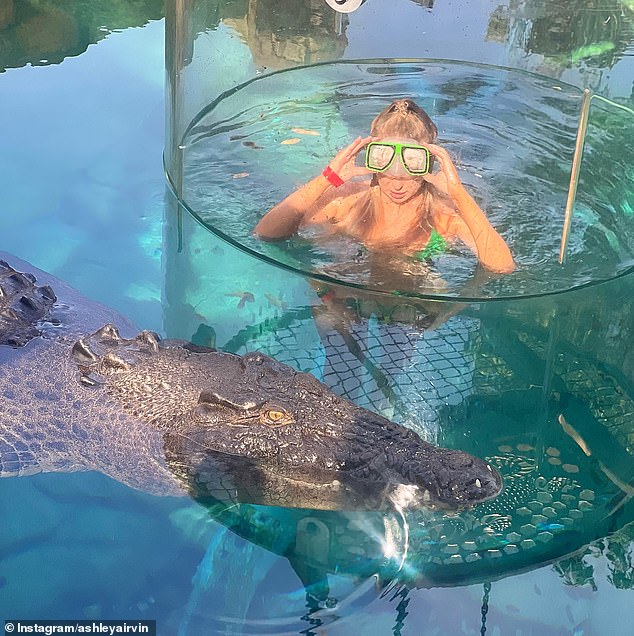 But the former flight attendant didn't have to worry about anything as the glass cage allowed her to get close to the crocodiles in a safe environment.