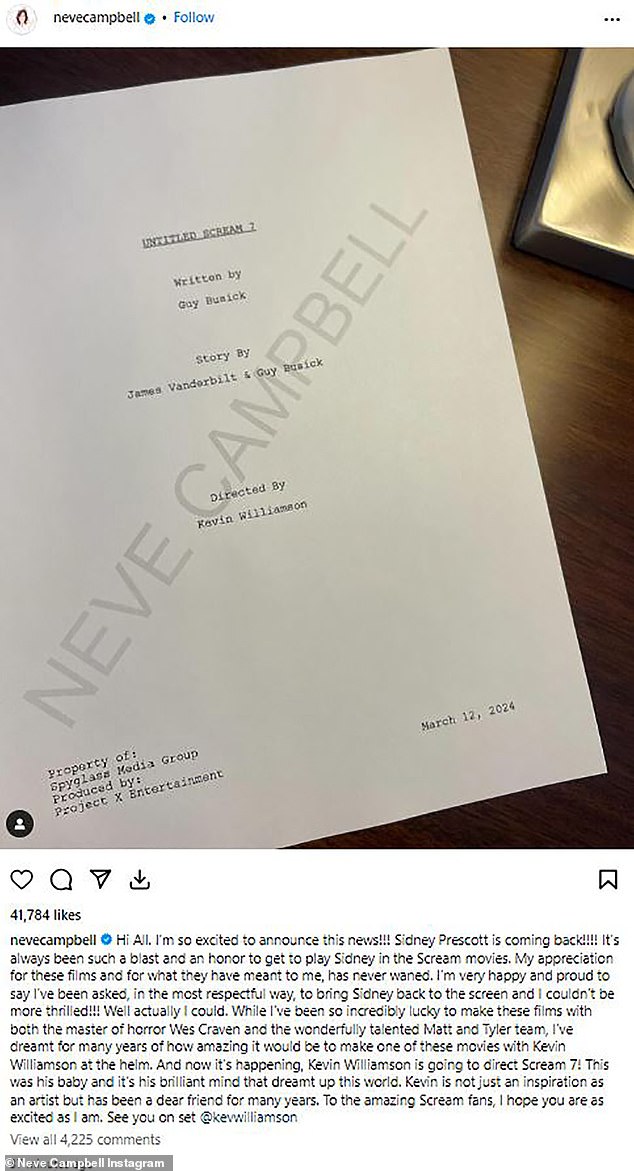 Neve revealed her return for Scream 7 in an Instagram post detailing the script for the untitled next film