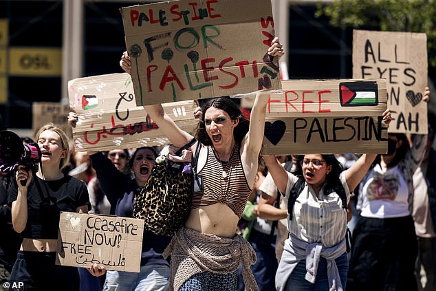 Jill Biden defended college protesters – above pro-Palestinian Pasadena City College students walk out of class as they demonstrate against the Israel-Hamas war in Pasadena, California