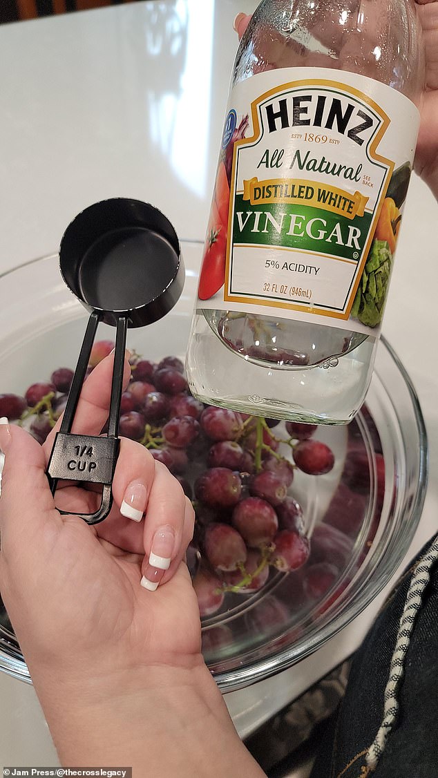 Amy rinses her fruits and vegetables with water and then with white vinegar for a thorough clean