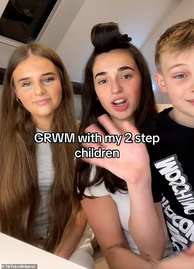 Social media creator Ellie, pictured center next to her two stepchildren, begs her viewers to 'normalize age gap relationships and become stepmothers at a young age'