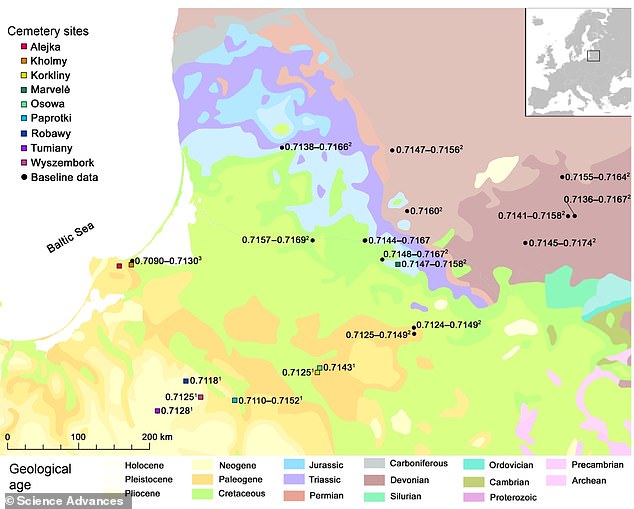 Researchers analyzed horse remains found in nine graves in the Baltic region (marked by colored squares on this map).  The academics knew the horses were buried here, but where did they originally come from?