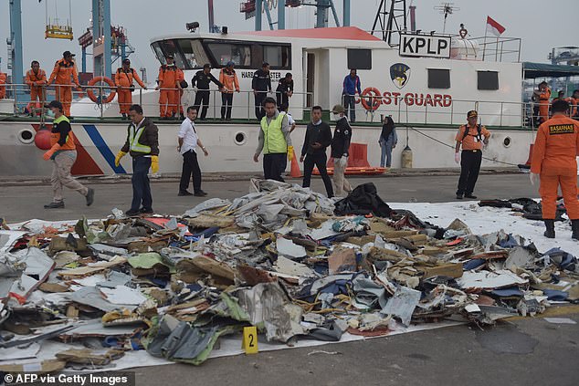 This photo taken at Tanjung Priok Port in Jakarta on October 30, 2018, shows Indonesian people examining the rubble of the ill-fated Lion Air flight JT 610 in Jakarta, which killed 189 people.