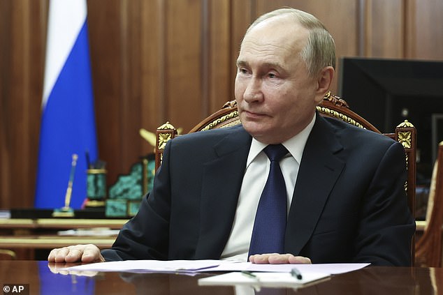 Vladimir Putin (pictured) claimed his country was 'fiercely fighting for its future and repelling the aggression of neo-Nazis and their masters', referring to Ukraine and the West