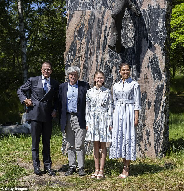 Prince Daniel of Sweden, Giuseppe Penone, Princess Estelle of Sweden and Crown Princess Victoria of Sweden attend the inauguration of the Giuseppe Penone sculpture "The inner lifestream"