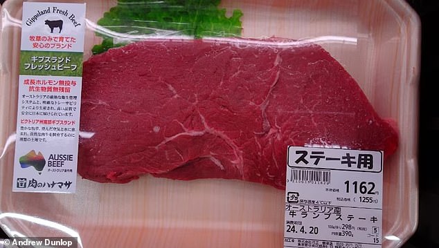 Australian steak was photographed for sale in a Tokyo supermarket on April 20 this year for 298 yen per 100 grams, about $28.90 per kg.  The same product can be purchased at Woolworths for as much as $40 per kg