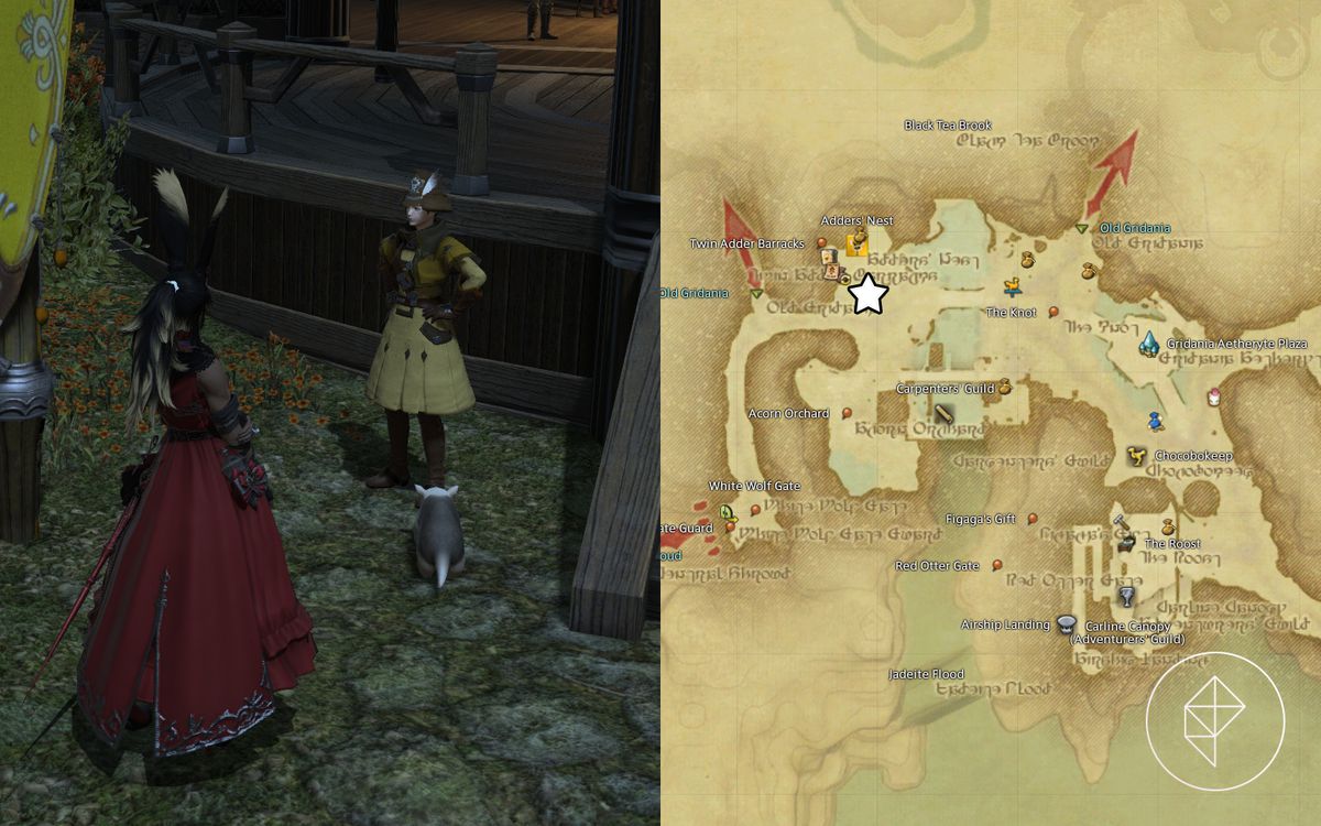 An FFXIV map showing where Scarlet can be found in New Gridania