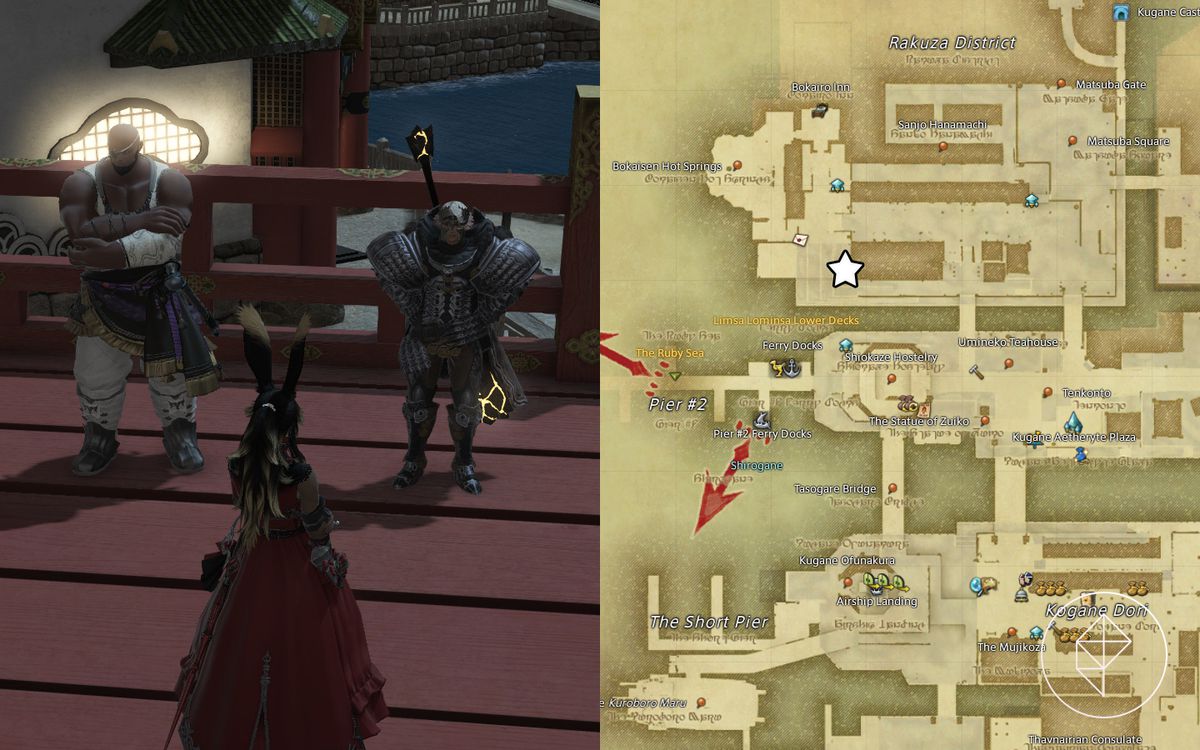 An FFXIV map showing where to find the Hearty Hunter in Kugane