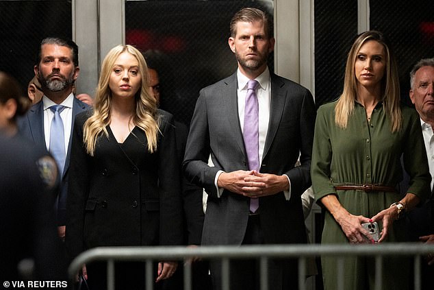 Donald Trump Jr., Tiffany Trump, Eric Trump and Lara Trump attend the trial of former US President Donald Trump at Manhattan Criminal Court in New York on May 28