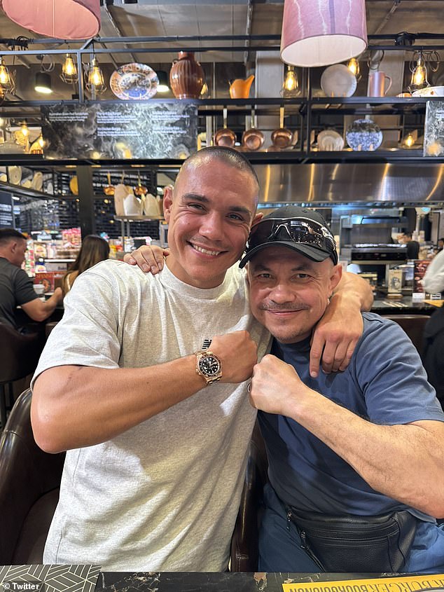 Tszyu had been training hard in Thailand with his legendary father Kostya (pictured together) before receiving the news that his fight with Vergil Ortiz Jr.  has been cancelled