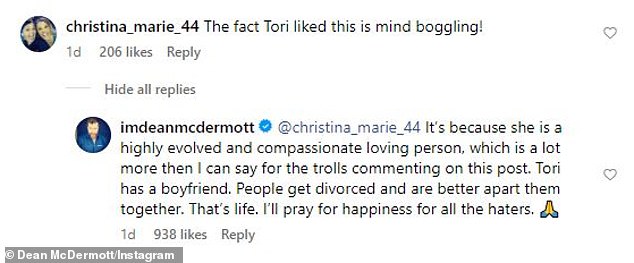 Tori – who is dating Neuron Syndicate Inc.  Advertising CEO Ryan Cramer – “liked” the new couple's official Instagram post, and Dean praised her in the comments as “a highly cultured and compassionate loving person”