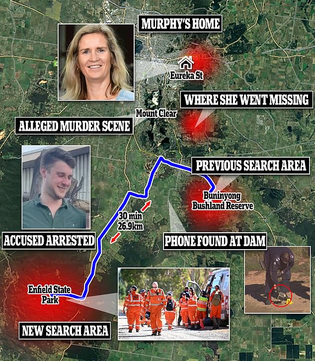 Daily Mail Australia understands police are still searching for Ms Murphy's missing watch and headphones, or a possible murder weapon (pictured, a map of previous search areas)