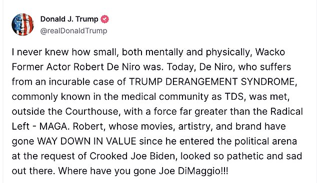 Former President Donald Trump reviewed Robert De Niro's performance outside his hush money case on his Truth Social website on Wednesday