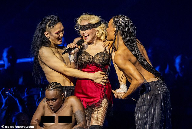 Madonna performs on the first night of her 'Celebration Tour' at London's O2 Arena, putting on a sexually explicit display