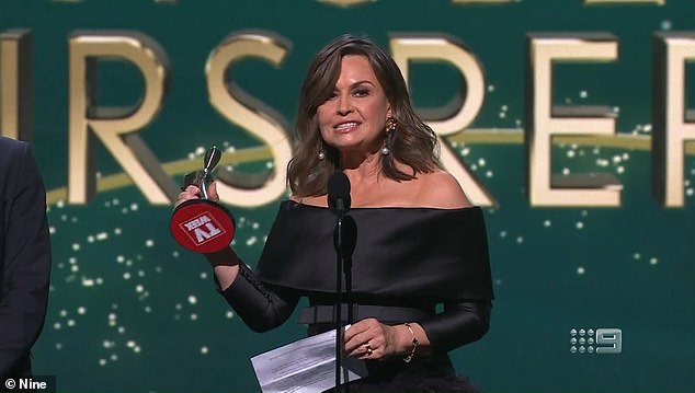 Lisa Wilkinson is pictured giving her Logies speech, which caused the criminal trial against Lehrmann to be postponed