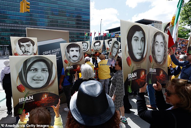 Iranians living in New York protest the memorial ceremony of the late Iranian President Ebrahim Raisi