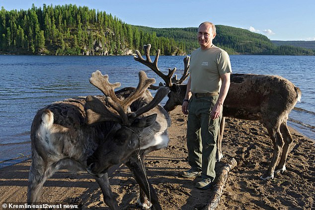 Putin is seen with deer during his visit to the Sayano-Shushenksy reserve in 2013