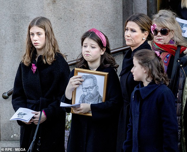 Maud Angelica Behn (center), Leah Isadora Behn (left) and Emma Tallulah Behn (right) leave Oslo Cathedral on January 3, 2020, after attending their father's funeral together with their mother, Princess Märtha Louise (second at the back)