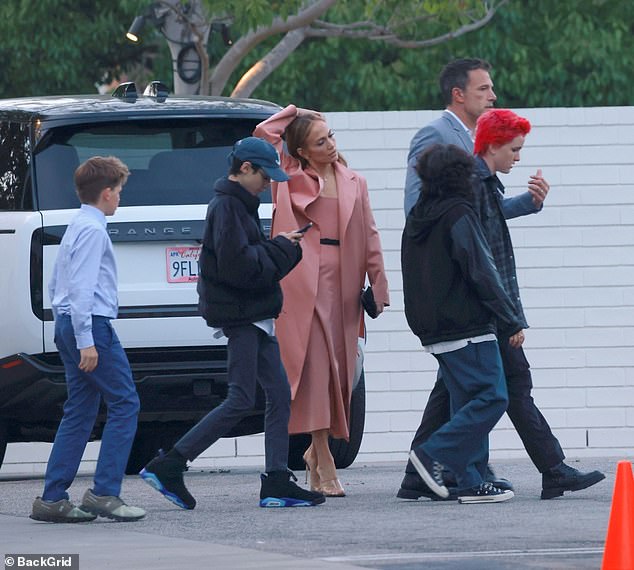 The couple joined forces as they left the celebration along with JLo's twin children, 16-year-old Max and Emme, along with Affleck's children Fin, 15, and Samuel, 12