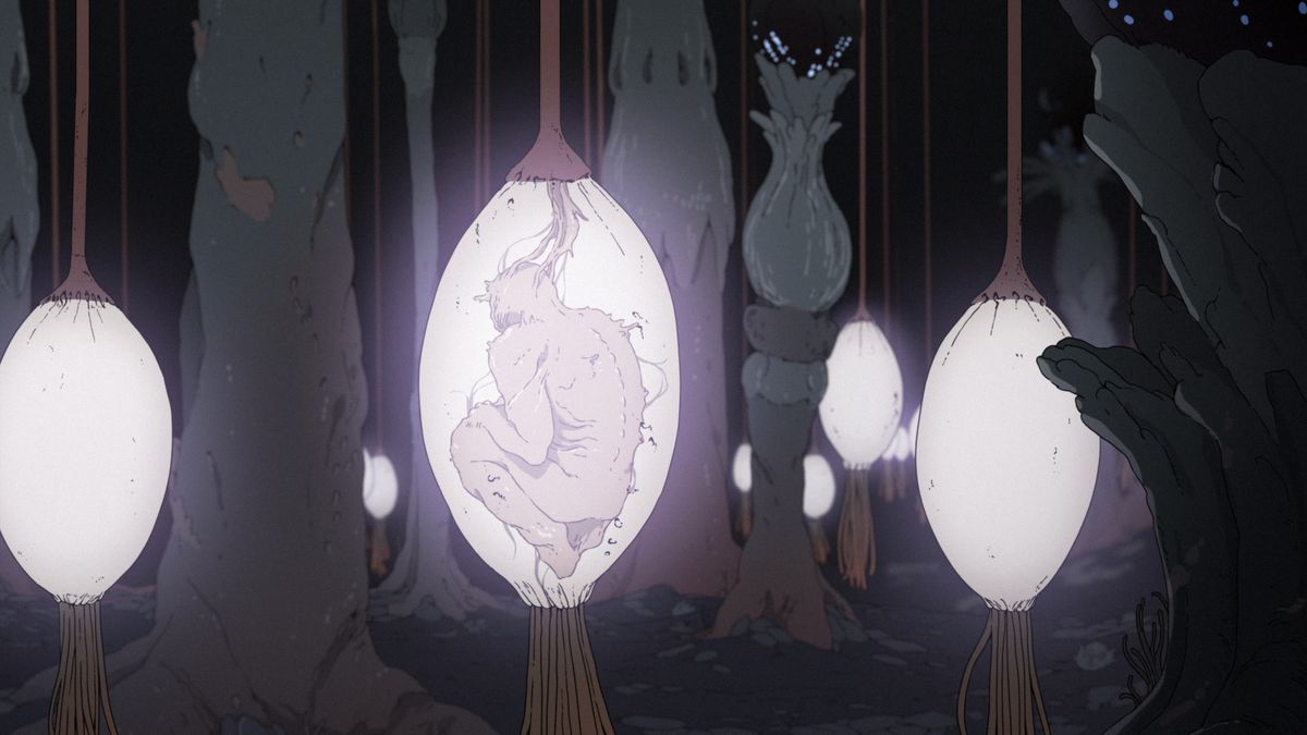 Luminous pods grow from the ground, while in the animated series Scavengers Reign a man appears to be growing.
