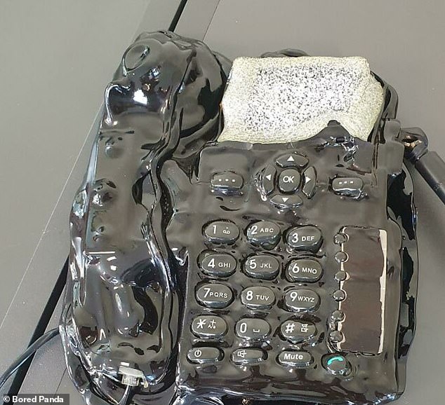 You'd be forgiven for thinking this looks like an art installation, but it's actually a phone baked in the oven.  Apparently the owner was so fed up with it that he threw it in the oven