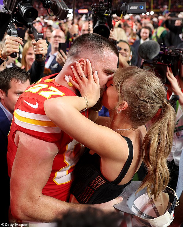 Taylor Swift (right) flew from Tokyo to Las Vegas to watch her boyfriend, Chiefs tight end Travis Kelce (left), win the Super Bowl in February.  She kissed him on the field after the game