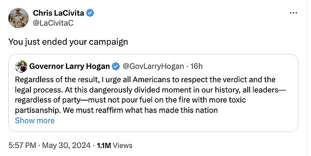 Senior Trump campaign adviser Chris LaCivita went after Hogan, the Republican candidate for Senate in Maryland, with a post on Thursday evening.  “You just ended your campaign,” LaCivita said