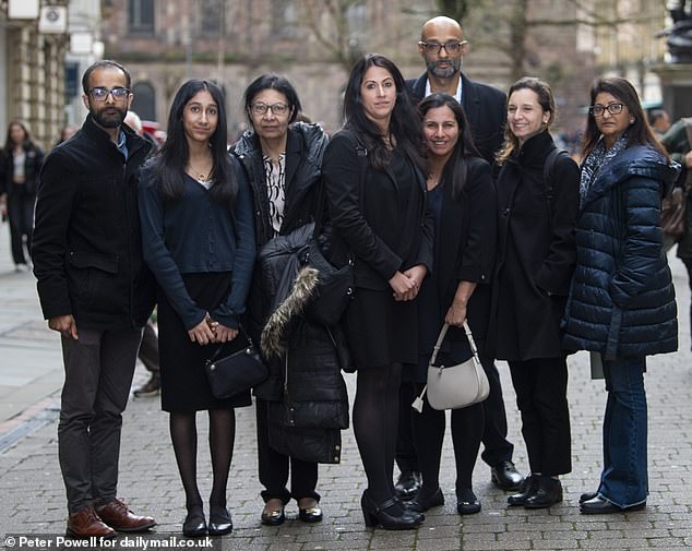 Amit Patel's wife Shivani is pictured with her family at the inquest into Prof Patel's death on Thursday.  Pictured from left to right: Alchil Tanna, Tia Patel, Nita Thakrar, Shivaji Tanna, Anisha Tanna, Elen Stritch and Jayshree Wakerja