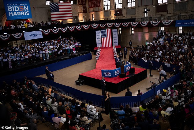 '[Trump] is the same man who wanted to tear you apart when you peacefully protested the murder of George Floyd,” he told a crowd at a boarding school for black students aged six and up this week.  (Above: Biden speaks at a campaign rally at Girard College).