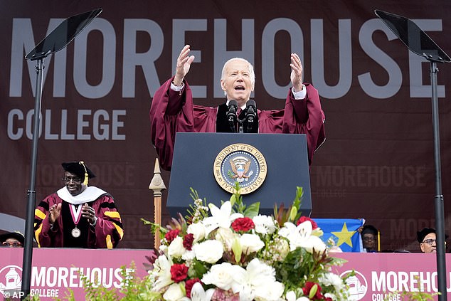 'It's normal to wonder if the democracy you hear about actually works for you.  What is democracy when black men are being murdered in the streets?  “What is democracy when a trail of broken promises still leaves black communities behind?”  (Above: Biden at Morehouse College).