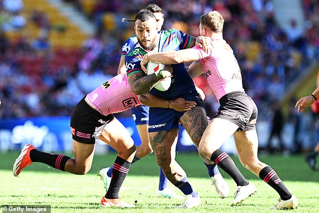 Fonua-Blake helped the Warriors to a win over Penrith last Sunday (pictured) - but what he did after the siren has landed him in big trouble with the team