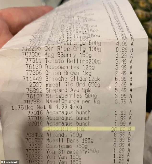 An Australian mum is left stunned after being given an extra $20 for her Aldi store for a 10 per cent surcharge labeled 'groceries' (pictured)