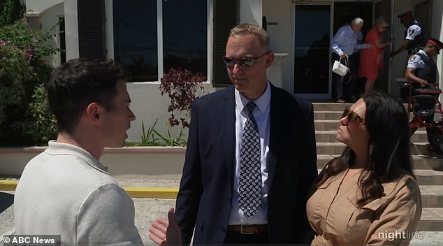 Bryan Hagerich — a 39-year-old former baseball player who was arrested in Turks and Caicos earlier this year — spoke to reporters outside Pittsburgh International Airport on Friday after being reunited with family.  Here he is interviewed with his wife Ashley