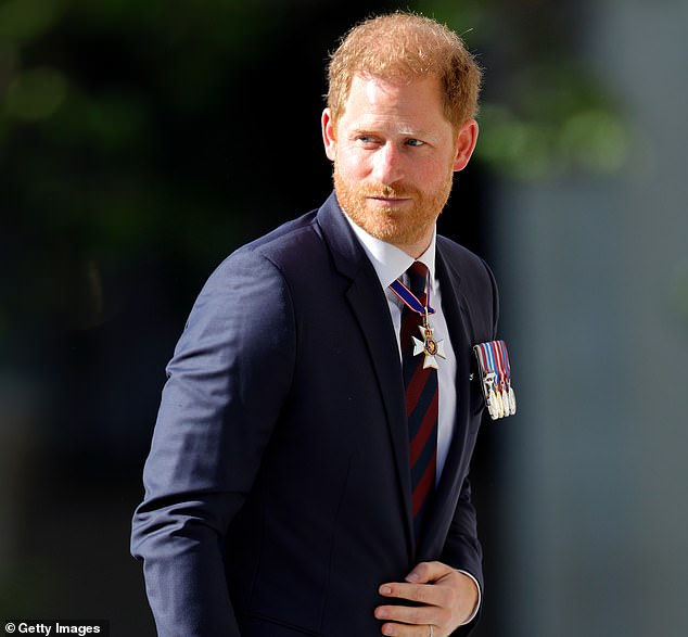 Prince Harry pictured at the 10th anniversary service of the Invictus Games at St Paul's Cathedral on May 8.  US government lawyers are fighting to keep 'law enforcement documents' related to Prince Harry's visa application secret, claiming there would be a 'stigma attached to them' if they were published