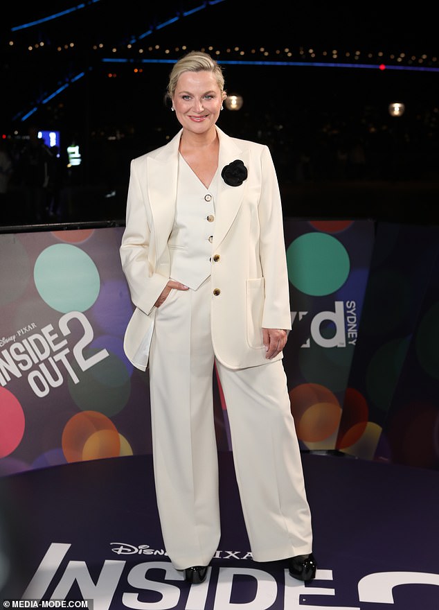 Amy Poehler was chic as ever as she attended the Sydney premiere of her latest animated film Inside Out 2. Pictured