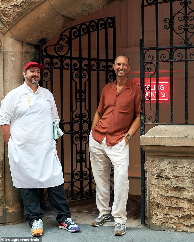 Anthony Albanese joined Justin Hemmes at his new restaurant Good Luck in the heart of Sydney's CBD on Tuesday (Mr Hemmes is pictured with chef Mike Eggert)