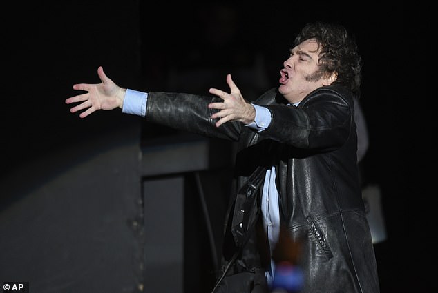 President of Argentina Javier Milei sings during the launch of his new book Capitalism, Socialism, and the Neoclassical Trap at the Luna Park Arena on Wednesday in Buenos Aires, Argentina.