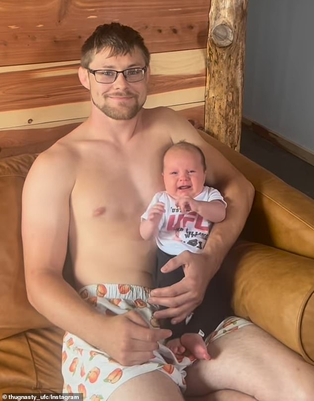 Bryce Mitchell, 29, the No. 12-ranked featherweight fighter in the world, sat shirtless with his son Tucker on his lap as he revealed his plans to homeschool his toddler to 'keep him from becoming gay' in an extended anti-vaccine rant