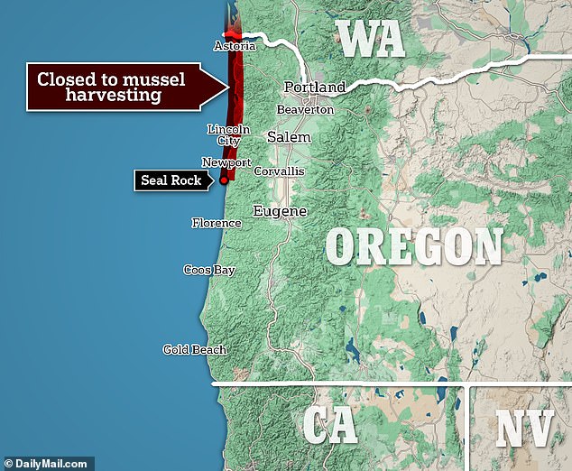 This map shows the exact portion of the coastline that is closed to mussel harvesting.  The closure extends beyond the Washington border, but it is not clear how far