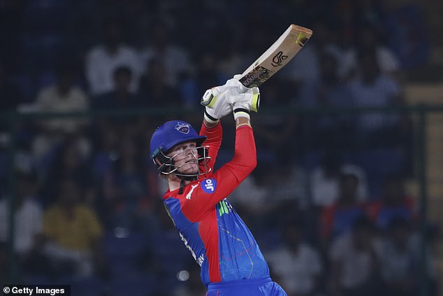 Delhi Capitals' Jake Fraser-McGurk plays a shot during his record-breaking IPL innings