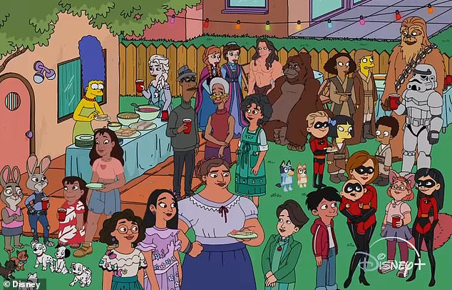 Bluey and Bingo were seen in the Simpsons' backyard along with other characters enjoying an afternoon party (pictured)