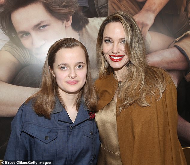 Angelina Jolie's daughter Vivienne, whom she shares with ex-husband Brad Pitt, dropped the last name Pitt from her nickname in The Outsiders Playbill;  Angelina and Vivienne pictured on April 11