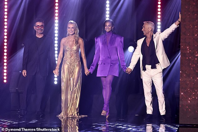 Alesha Dixon, 45, (middle right) divided opinion over her 'gorgeous' but 'bizarre' outfit on Thursday night's Britain's Got Talent (pictured with judges Simon Cowell, Amanda Holden and Bruno Tonioli)