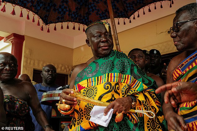 King Asantehene Otumfuo Nana Osei Tutu II (pictured) attends the first public exhibition of looted artifacts returned by British and American museums to the Manhyia Palace in Kumasi, Ghana, May 1, 2024