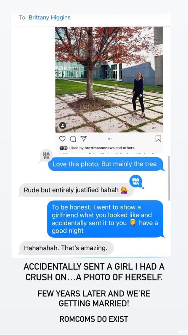 Commenting on a photo of Ms Higgins at the famous 'budget tree' in the courtyard of Parliament House in Canberra, where she worked as a Liberal staffer, Mr Sharaz wrote: 'I love this photo.  But especially the tree.'