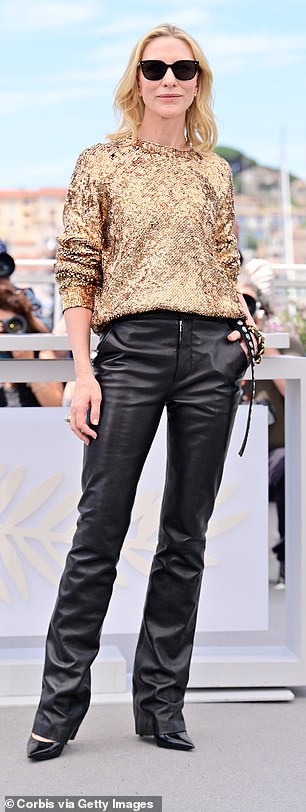 Cate Blanchett dazzled in a gold sequin blouse as she led the stars at a photocall