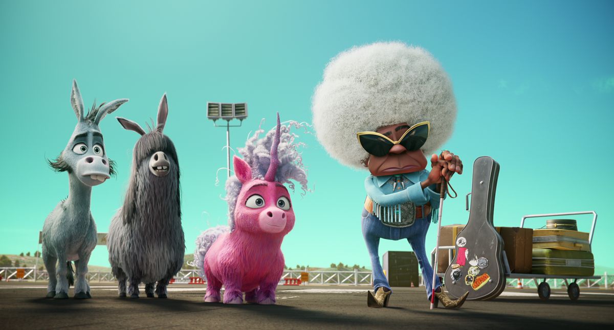 A pink pony flanked by a donkey, a llama and an older black woman with a white afro standing next to a cart full of suitcases and instruments in Thelma the Unicorn.