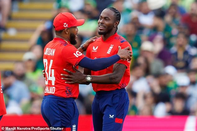 Chris Jordan congratulates Jofra Archer on taking one of his wickets in victory at Edgbaston